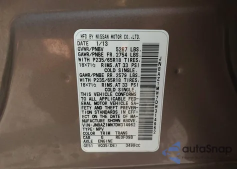 2013 Nissan Murano Sl из США, поврежденный, VIN JN8AZ1MW7DW314962